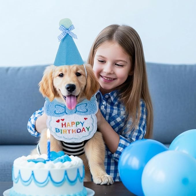 Tyqour Cat Birthday Hat Birthday Hats for Stuffed Animals Dog Party Hat Birthday Party Decorations Set for Small Medium Cats & Dogs (Blue)