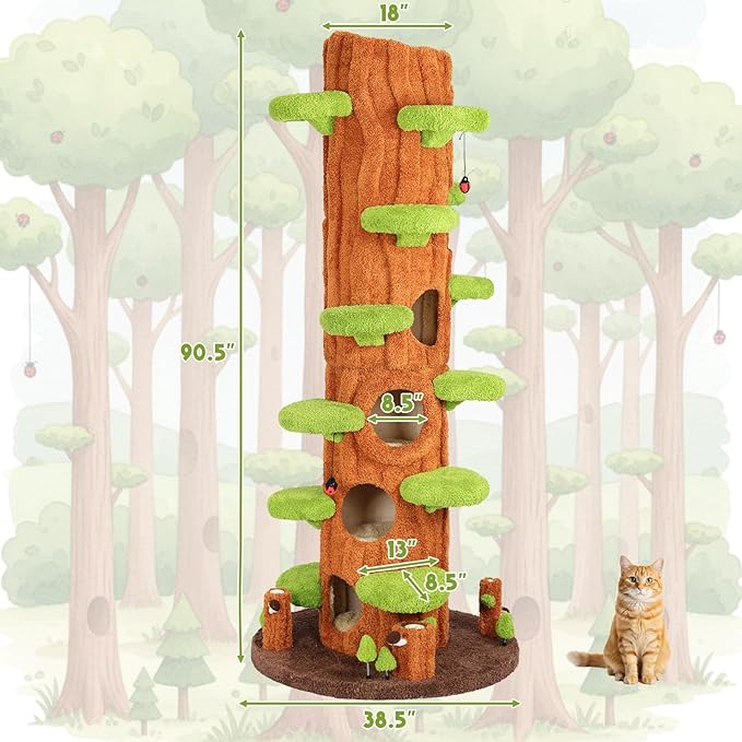 NUNU LAB 90.5 Inch Tall Large Cat Tree, Magic Forest Solid Wood Cat Tree Tower with Sisal Scratching Posts, Multi-Level Cat Condo with Side Hideaway Cave, Heavy Duty Cat Tree for Large Cats, Green