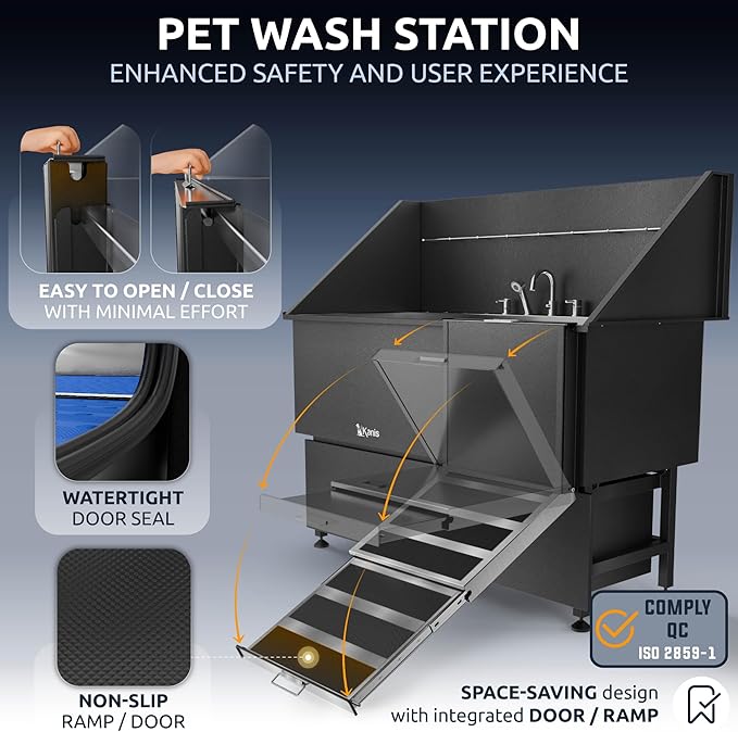 KANIS Professional Dog Washing Station 304 Stainless Steel Pet Wash Sink & Grooming Bathtub w/Shower, Floor Grates and Storage for Large, Medium & Small Pets (Black, 61 Inches, Right Ramp, 2 Drawers)
