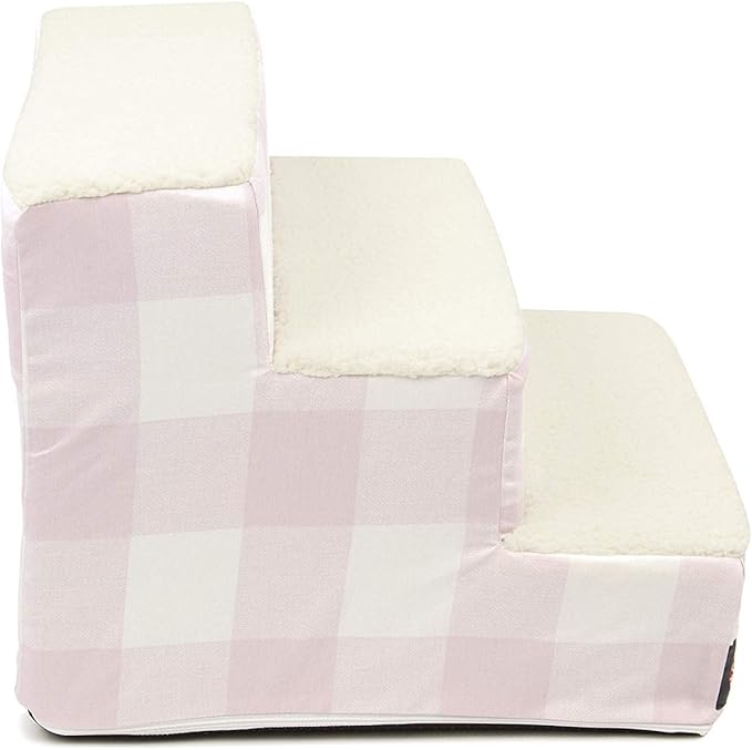 Majestic Pet 3 Step Portable Dog Stairs for Small Dogs to Get on Bed Supports 250 lbs or Less – Dog Steps for High Bed with Machine Washable Cover –Pet Stairs for Cats Anderson Check Soft Blush
