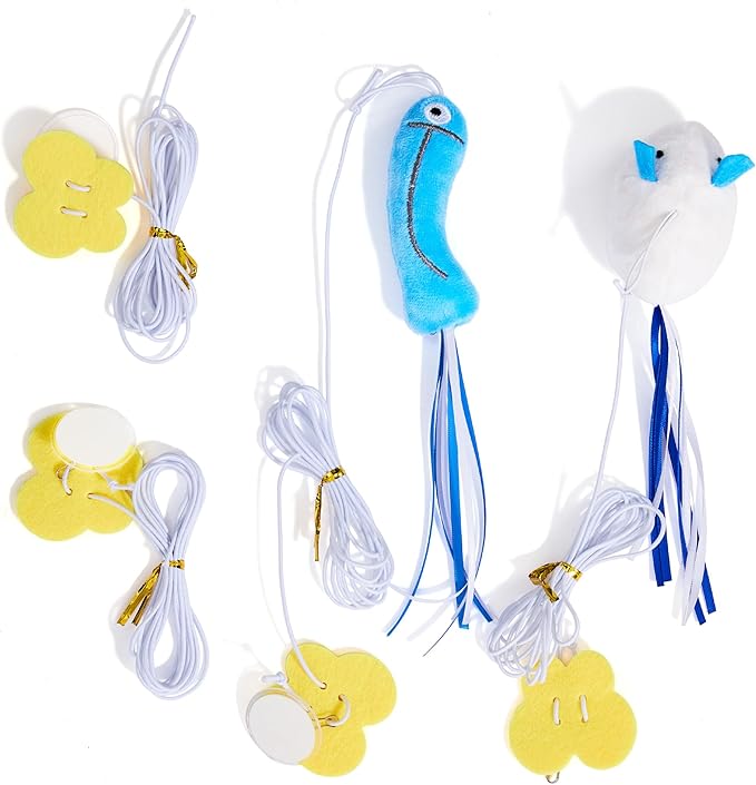 Hanging Cat Toy for Door - Self Play Interactive Toy with XL Mouse & Fish on Extra-Long Elastic Cord (up to 77"), Includes 2 Extra Pre-Assembled Cords & No-Drill Hook for Indoor Cats