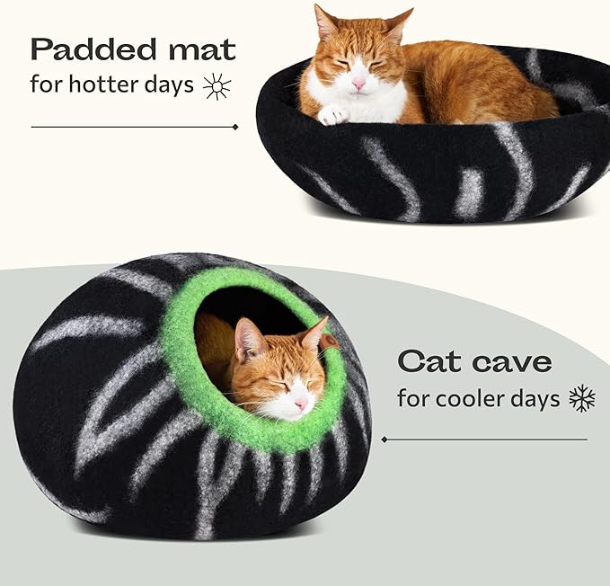 MEOWFIA Cat Cave – Premium Felt Cat Bed for Indoor Cats, Handmade Merino Wool (Shining Tiger, Medium)