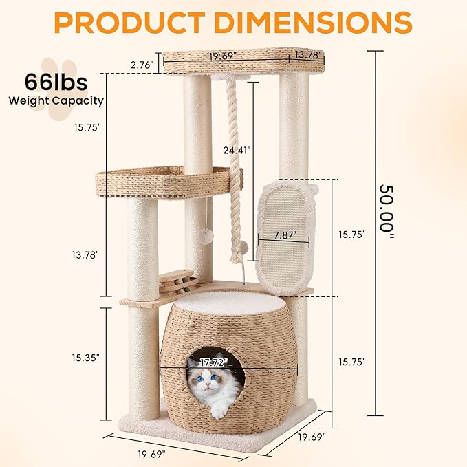 EMUST Luxury Modern Cat Tree Tower 50IN - Heavy-Duty Multi-Level Cat Condo with Extra-Large Hand-Woven Rattan Bed & Thickened Scratching Post for Indoor Cats Large Adult