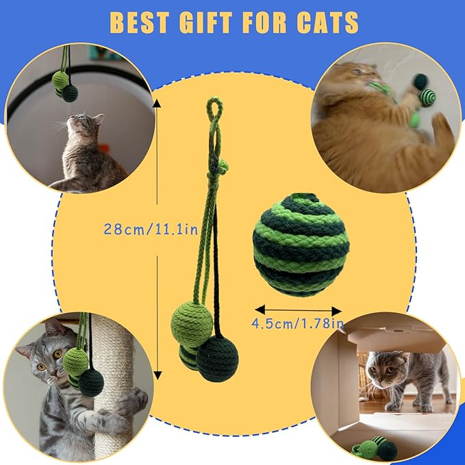 Hanging Cat Toy for Indoor Cats - Durable Sisal Cat Chew Rope Balls with Squeaker for Cat Tree - Teething Kitten & Best Cat Toys for Bored Indoor Adult Cats