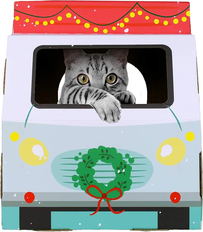 American Cat Club Christmas Cat House & Cat Scratcher w/Bonus Catnip Included