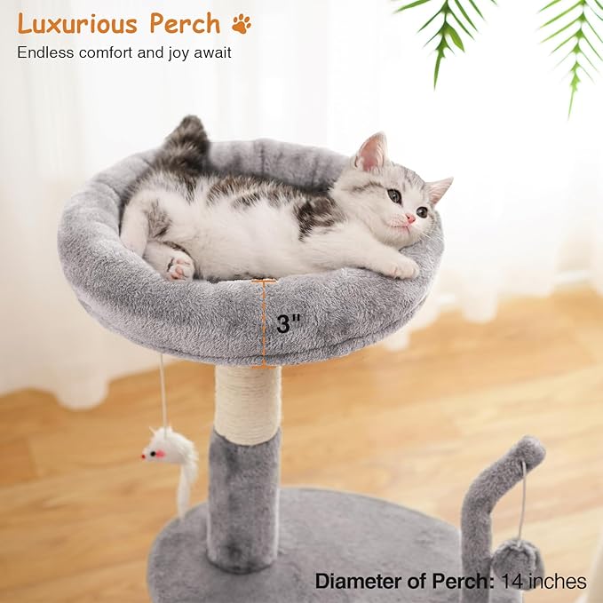 Goozii Large Cat Tree Tower with Scratching Post, Modern Kitten Tower for Indoor Cats, Sturdy Tall Carpet Sisal Cat Scratcher Stand with Big Bed Perch,Scratch Ramp,Ball Toy for Kitty Play -Grey