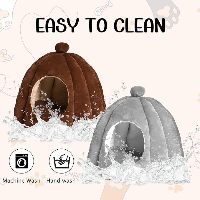 Cat Bed for Indoor Cats - Adorable Cozy Pumpkin Cat Cave with Removable Cushion, Super Soft Pet House Tent for Kittens & Small Pets, Warm & Washable Non-Slip Design(S 15 inch, Light Gray)