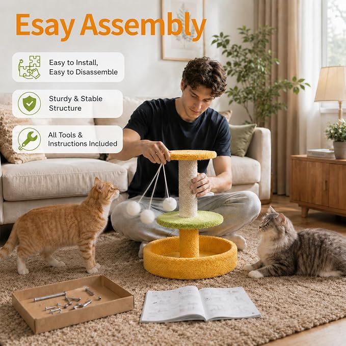 3-Level Small Cat Scratching Post with Cat Bed, 17.71" Cat Tree for Kittens, Sisal Scratcher with Hanging Ball, 15.74" Stable Base, Easy to Assemble for Indoor Cats Play, Furniture Protection
