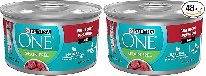 Purina ONE Natural, High Protein, Grain Free Wet Cat Food Pate, Beef Recipe - (Pack of 48) 3 oz. Pull-Top Cans