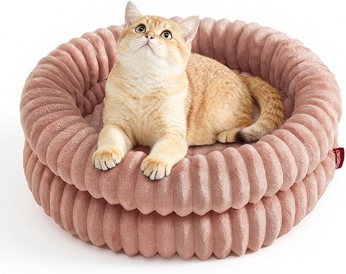 Cat Beds for Indoor Cats, Machine Washable Orthopedic Donut Dog Bed for Small Dogs, Fluffy Warm Thermal Round Pet Bed with Anti-Slip Bottom for Puppy and Kitten, Dark Pink, 20"x20"x6.5"