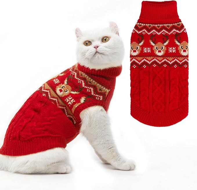 PUPTECK Winter Cat Sweater Coat - Soft Warm Cold Weather Clothes Knitwear for Kittens & Small Dogs Indoor Outdoor Wearing, Knitted Classic for Doggies Kitties Girls Boys, Christmas Deer, S