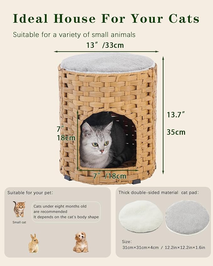 SETVSON Cat House for Indoor Cat, Small Cat Houses Handwoven PE Rattan Kitten Cave, Pet Kitten Bed Covered, One Bed Pad, 13 x 13 x 13.7 Inches, Foldable Hideaway in Living Room Gray