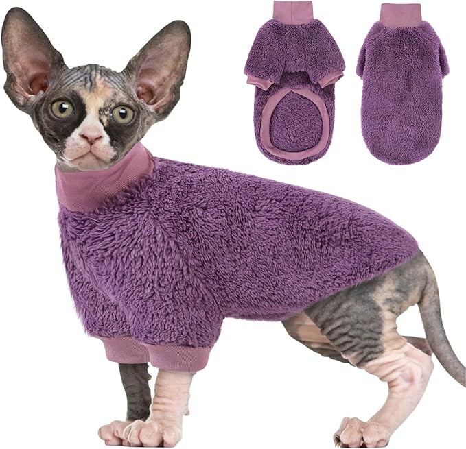 Sphynx Cat Sweater, Hairless Cats Turtleneck Pullover Kitten Sweaters for Cats Only, Warm and Soft Cat Pajamas Shirt with Sleeves Pet Winter Clothes Fleece Jumpsuit for Puppy, Purple S