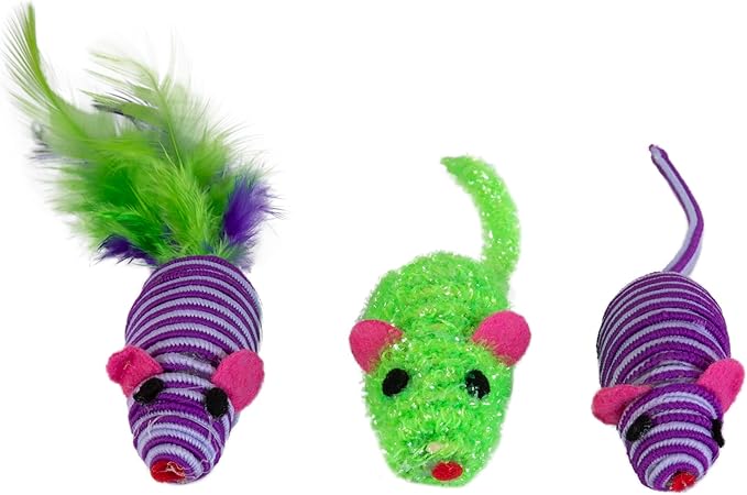 Pet Zone Three Twined Mice Cat Toy, Feathered, Multicolored Mice, Pack of 3