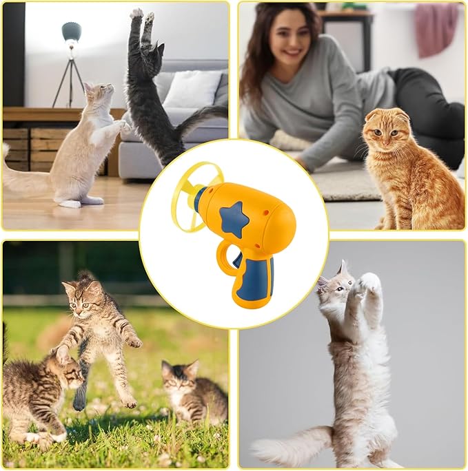 Andiker Cat Fetch Toy, Interactive Kitten Flying Disc Launcher Toy with 5 Colorful Flying Propellers for Cat Enrichment, Flying Saucer Toy for Cats for Training and Chasing (Yellow)