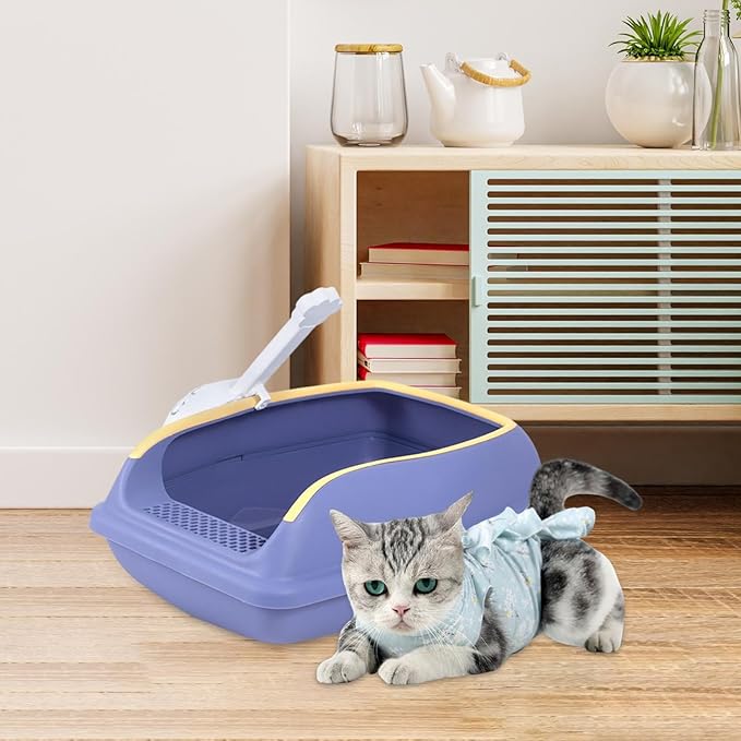 Cat Litter Box Open Top High Sided Anti Splashing Litter Tray with Scoop for Indoor Cats Kittens (2 Sizes)- S Violet