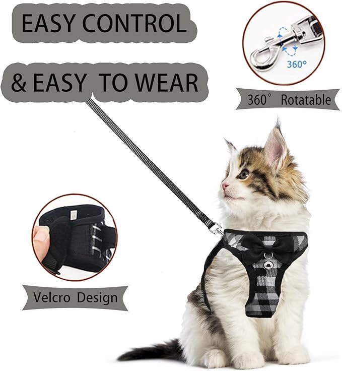 Cat Leashes and Harnesses for Walking,Breathable Soft Kittens Vest for Cats Dogs, Kitten Harness Escape Proof with Bell and Bow-Knot Decoration Christmas(M, Black-White)