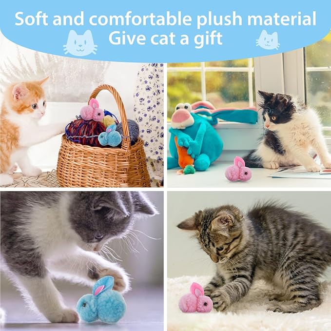 10Pcs Cat Toy Balls, Cute Bunny Shape Pompom Ball 5.5Cm/2.16In Soft Kitten Puff Toys for Pet Indoor Cat Play Training Fetching