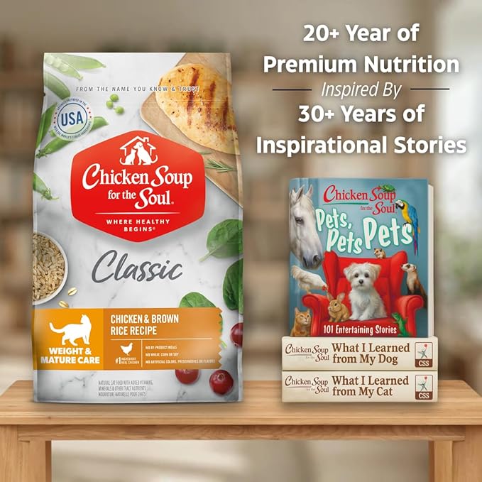 Chicken Soup for the Soul All Natural Premium Weight & Mature/Senior Dry Cat Food, Real Meat First Ingredient, No By-Products, Hi Fiber/Low Fat Support Ideal Weight, Chicken & Brown Rice, 4.5lb