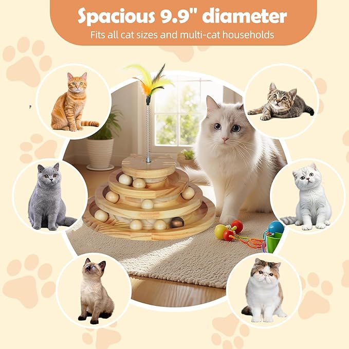 Cat Toy Ball Track with Feather Wand, 4 Layer Large Wooden Cat Ball Tower (9.9”) for Indoor Cats, Interactive Self Play Cat Toy with Bell Balls, Durable Pine Track for Big & Multi Cat Homes