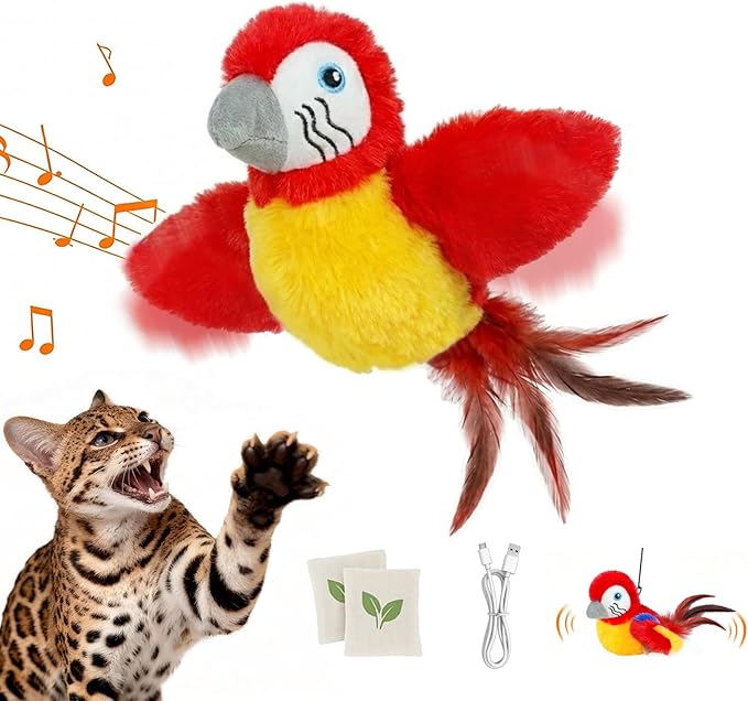 Vannon Cat Toys Flapping Bird(Cannot Fly), Rechargeable Touch Activated Kitten Toy Interactive Cat Exercise Toys with Catnip and Feather for Indoor Cat - Red