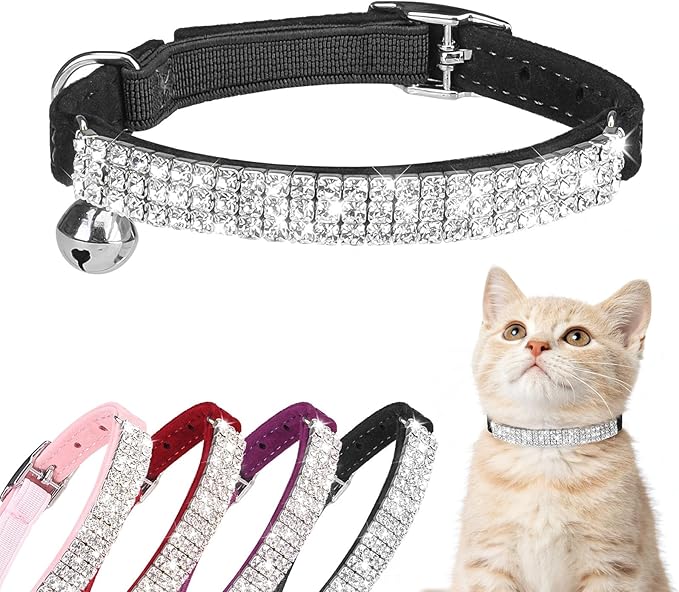 BINGPET Diamond Cat Collar with Bell, Adjustable Soft Velvet Bling Rhinestone Cat Collar, Sparkly Kitten Collar with Safety Elastic & Metal Buckle for Small Medium Cats