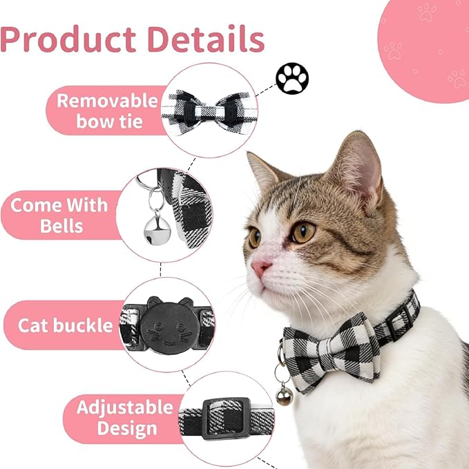 6 Pack Breakaway Cat Collar Bow Tie, Soft Plaid Kitten Collars with Bells Adjustable Buckle 8-12 in Quick Release for Small Pet