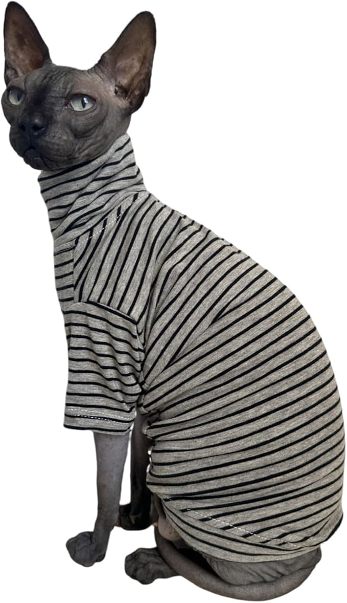 Vintage Stripes Sphynx Hairless Cats Shirt Cotton Cat Turtleneck Pet Clothes Kitten T-Shirts with Sleeves for Sphynx Cornish Rex, Devon Rex, Peterbald (Grey Stripe, X-Large (Pack of 1))