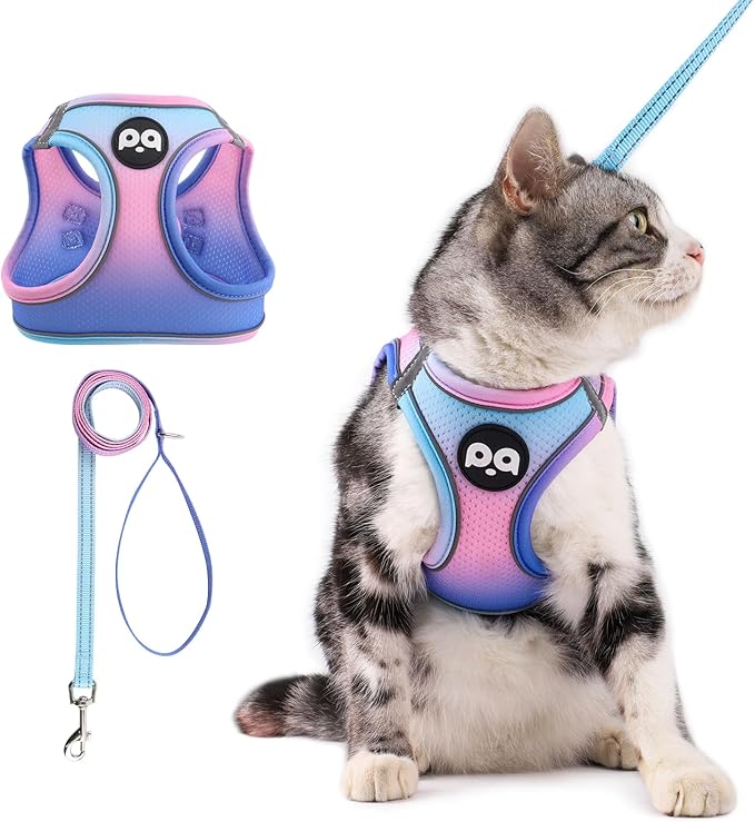 QQPETS Cat Harness and Leash Set for Walking Escape Proof, Safe Adjustable Kitten Vest with Reflective Strips, Easy Control Soft Mesh Lightweight Jacket (Blue-Pink Gradient, M(15.7”-17.7”))