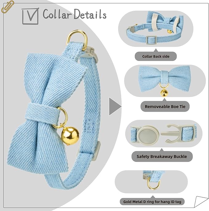 2 Pack Cat Collars with Removable Bow Tie and Bell, Adjustable Denim Kitten Collar, Breakaway Safe Pet Collar for Cats, Puppies.(Adult Cat,Denim Blue)