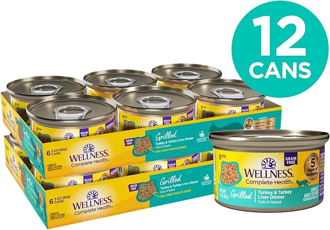 Wellness Complete Health Grilled Adult Canned Wet Cat Food, Natural, Protein Rich, Grain Free, Turkey Dinner Recipe, 3 oz, Pack of 12 Cans