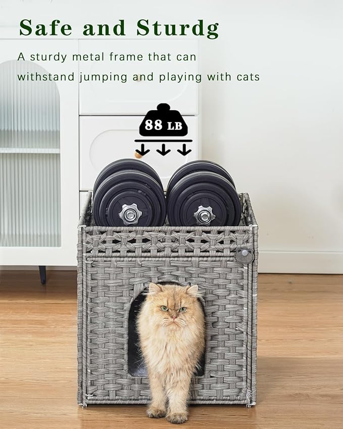 SETVSON Cat Beds for Indoor Cats Extra Large Double Cat Cave Pet Cube, Handwoven Rattan Cat Houses with Double-Sided Soft Cushions, 18.5 x 20.5 x 19.1 Inches Foldable Hideaway in Living Room Gray