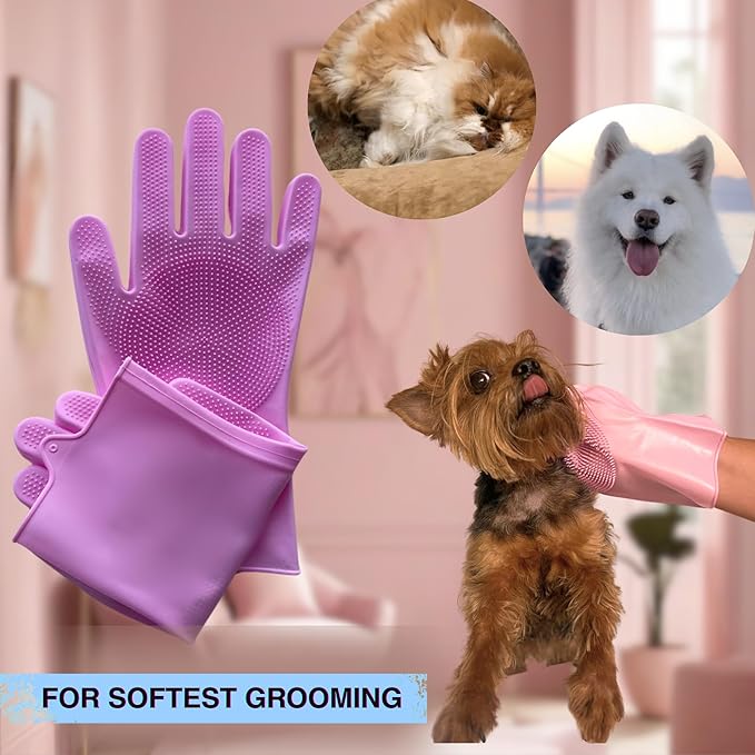 Extra Thick Grooming Gloves for Cats & Dogs - Pet Hair Removal Glove, Silicone Brush for Dog or Cat Washing, Puppy Bath Supplies for Shedding Cleaning & Bathing, Shower Shampoo Scrub