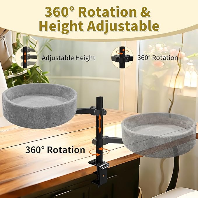 Cat Desk Bed,360° Rotating & Height Adjustable Desk Cat Bed,Space Saving Modern Indoor Cats Nest Furniture Cozy Faux Fur Pet Nest Perch Hammock for Various Desktops,15.7" L*15.7" W*16.9" H,Grey