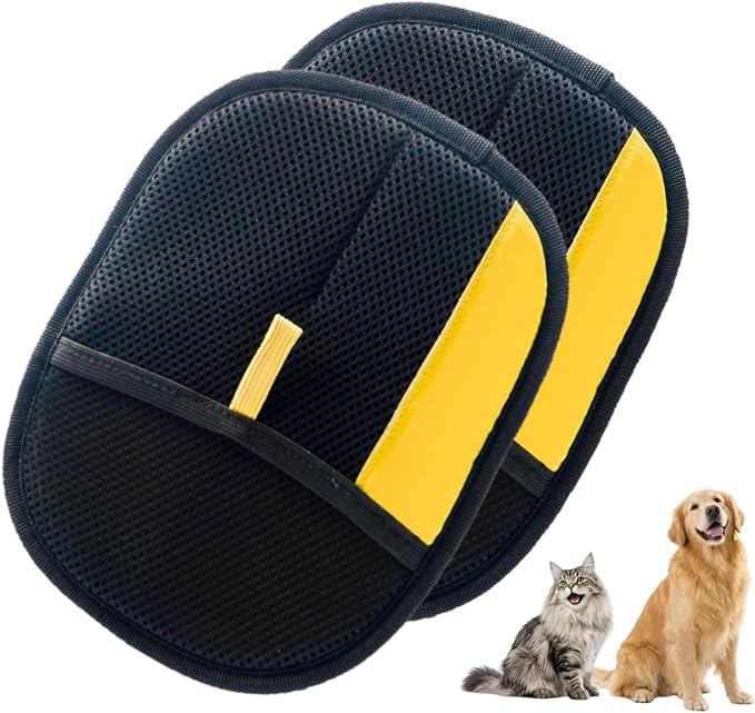 Pet Hair Remover Gloves for Dogs & Cats, Dual Directional Bristles, Electrostatic Grooming Tool for Furniture, Sofa, Bed, Car Interior, Clothes, 2 Pack, Black Yellow