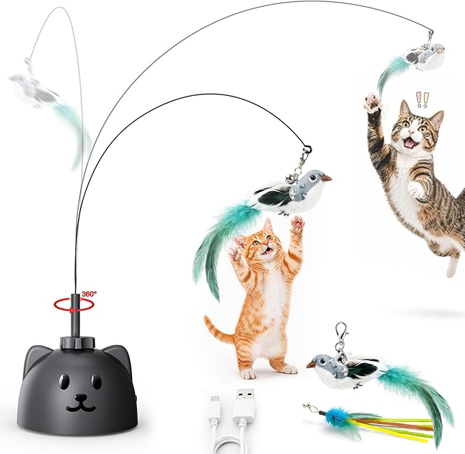 Interactive Cat Toys for Indoor Cats - Automatic Flying Bird Feather Toy, USB Rechargeable Electric Cat Teaser with Strong Sticky Base, Smart Motion Activated Self-Play Enrichment Toy for Bored Cats