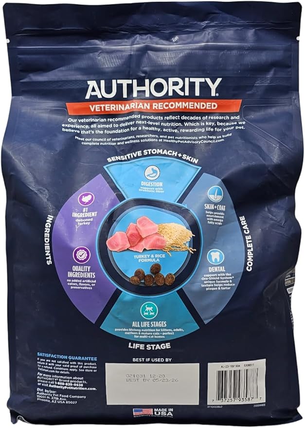 Authority Sensitive Stomach and Skin Dry Cat Food, Turkey and Rice Formula, 7 Pound Bag