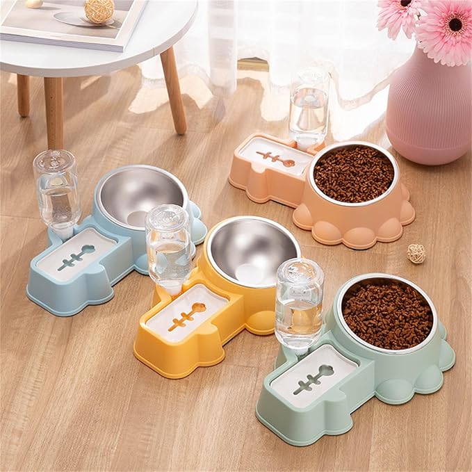 Cats Bowl with Automatic Water Bottle Dog Feeder Elevated Double Drinking Feeding Watering Supply Pet Food Bowl