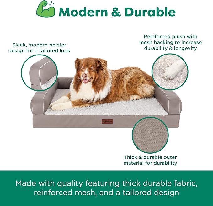 Furhaven Orthopedic Dog Sofa Bed – Memory Foam Couch with Bolsters, Textured Plush & Water-Resistant Cover, Washable Cover, Joint Support - Greige, Jumbo