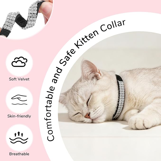 BINGPET Diamond Cat Collar with Bell, Adjustable Soft Velvet Bling Rhinestone Cat Collar, Sparkly Kitten Collar with Safety Elastic & Metal Buckle for Small Medium Cats