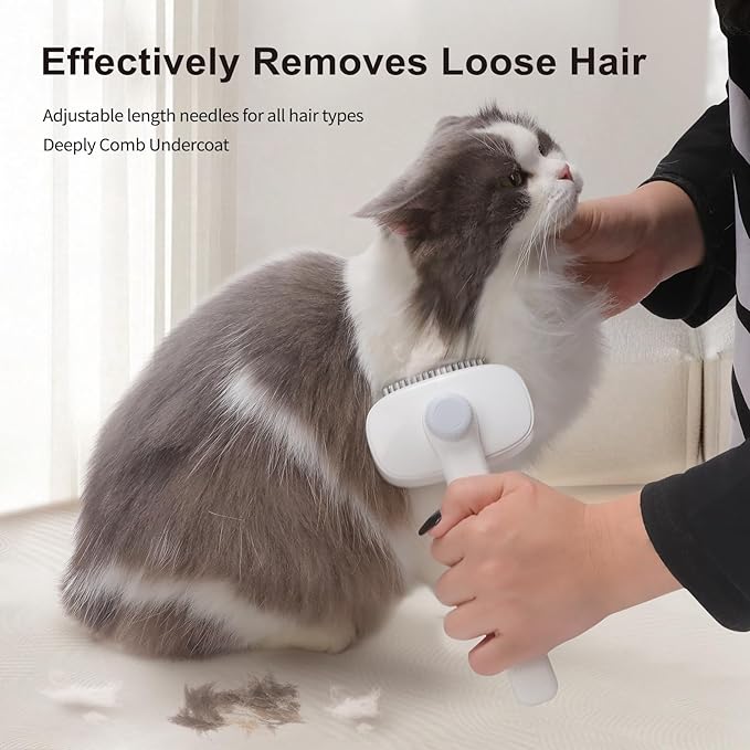 Self Cleaning Slicker Brush for Dogs Cats, Deshedding Dematting Grooming Tool for Long Haired Pets, Removes Matted Fur & Tangles, White