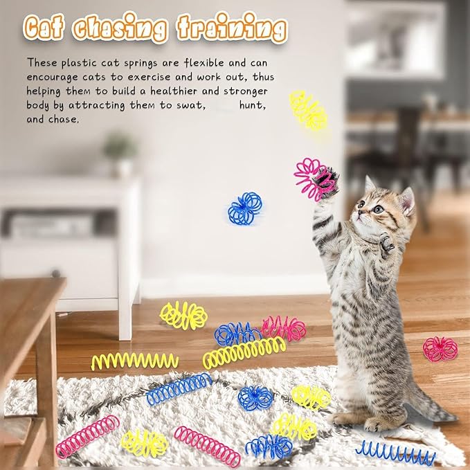 60 Pieces Thin Colorful Springs Cat Spiral Interactive Toys Kitten Cat Stuff Plastic Springs Toys, for Swatting Hunting Chasing to Keep Fit Active, Blue Yellow Pink, 3 Inch