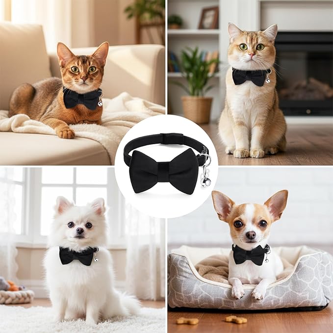 Cat Collar Breakaway with Bow, Adjustable 7-11 Inches Cat Bow Tie, Bowtie Dog Collar with Bells, Safety Buckle Collars Solid Basic Color for Small Pet Kitten Puppy Wedding Party Festival Accessories