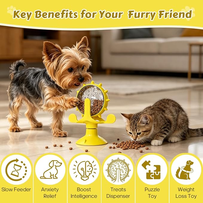 Cat Food Treat Dispenser Toy Interactive with 360°Rotating Windmill Suction Cup for Indoor Cats, Kittens & Small Dogs Slow Feeder Snack Exercise & Distribution Wheel Toy