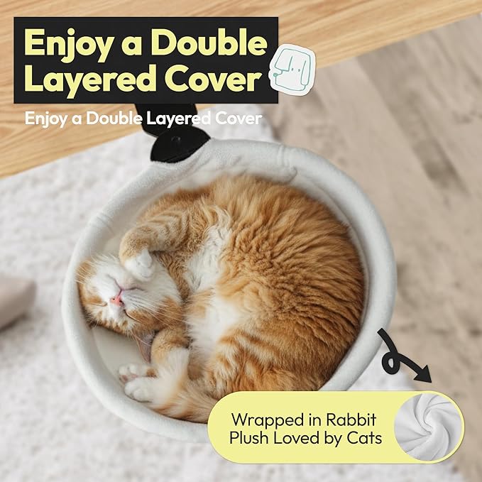 Adjustable Cat Desk Bed, Sunken Design Cat Hammock, Supports Up to 50 lbs, Sturdy Metal Frame with Secure Clamp, Removable Faux Rabbit Plush Cover, Perfect for Home or Gaming Desk (White, XL)