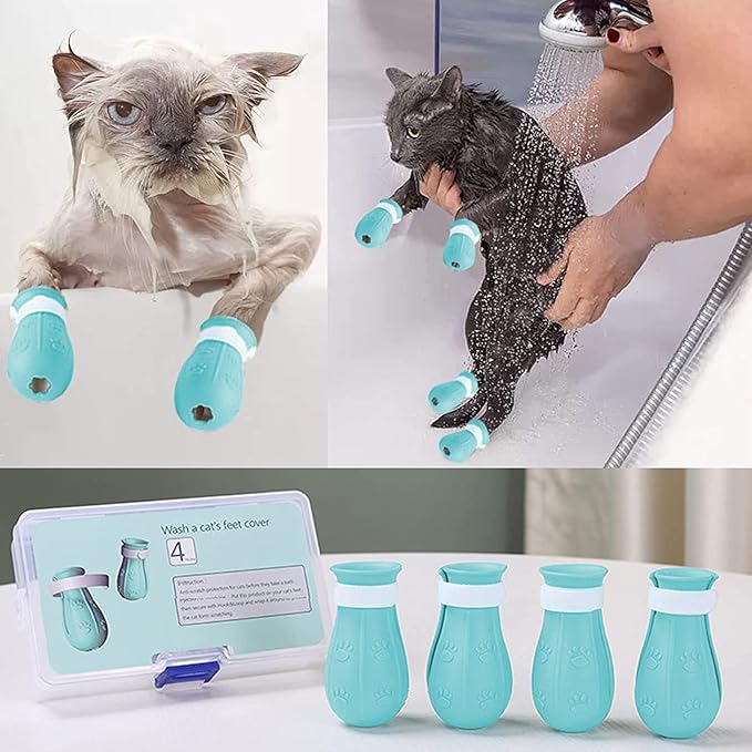 Anti-Scratch Cat Shoes 4 Pack, Pet Supplies Scratch Deterrent Booties, Grooming Accessories Silicone Nail Gloves, Adjustable Claw Cover for Bathing Shaving Checking Treatment (Blue)