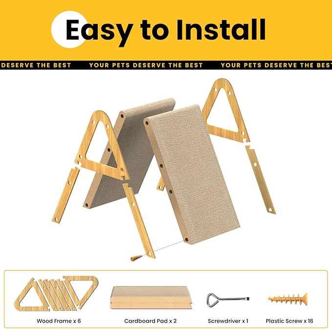 Conlun A-Frame Cat Scratching Board, Recycled Cardboard & Wood Frame, Dual-Sided Vertical Horizontal Cat Scratcher for Indoor Kittens, Space-Saving Furniture Protector for Sofa Walls-Light Wood, Small
