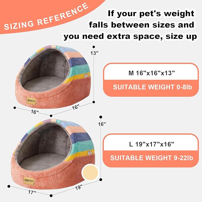 Jiupety Cute Cat Beds for Indoor Cats, Cat Cave Bed for Kittens, Hideaway Cat House for Cats & Small Dog with Anti-Slip Bottom, Washable Removable Cushion, L(19"x17"x16"), Rainbow