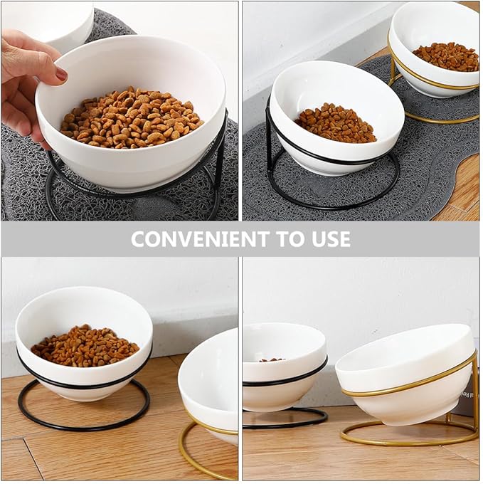 TOYANDONA Ceramic Pet Food Bowl Iron Raised Slant Stand, Elevated Cat Dog Feeder Bowl for Spine Protection, Suitable for Household Feeding and Watering Random Style