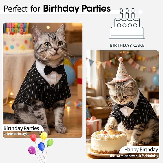 QBLEEV Cat Tuxedo Outfit, Formal Cat Suit Costume with Bow Tie, Sphynx Hairless Clothes for Cats Only, Kitten Wedding Birthday Party Attire Apparel for Male Boy, Cute Small Pet Gentleman Formal Wear